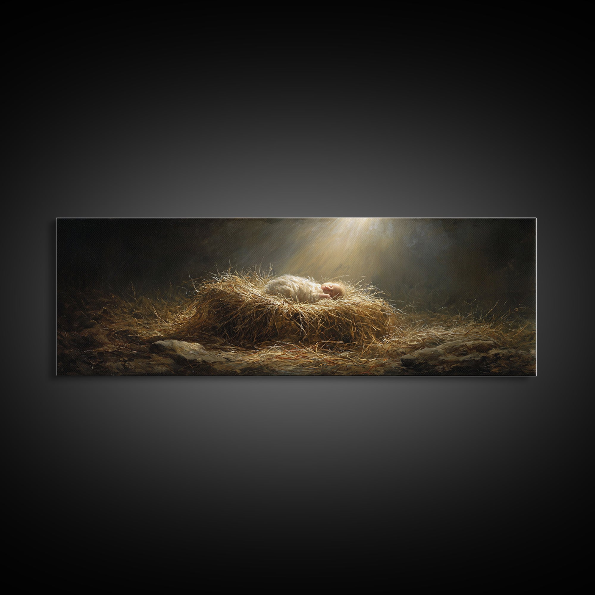 Holy Night Radiance, Framed Canvas Print, Christian Christmas Art, Jesus Painting, Panoramic Art, Christian Wall Art, Christian Art Canvas,