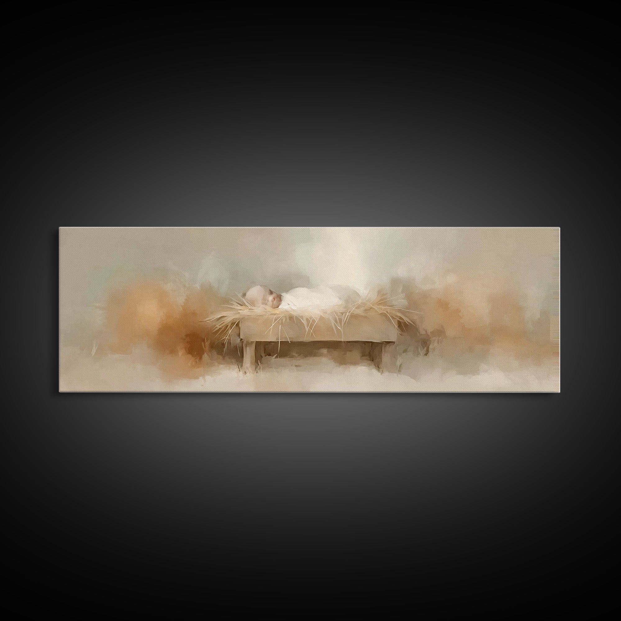 Soft Manger Light – Framed Canvas Print – Christian Wall Art – Panoramic Frame – Christian Christmas Art – Christian Art Canvas – Christmas