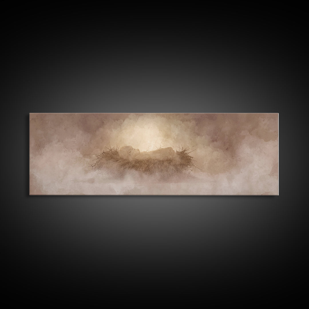 Celestial Manger Mist | Framed Canvas Print | Christian Art | Panoramic Wall Art | Christian Christmas Art | Jesus Art Print | Christmas Ca