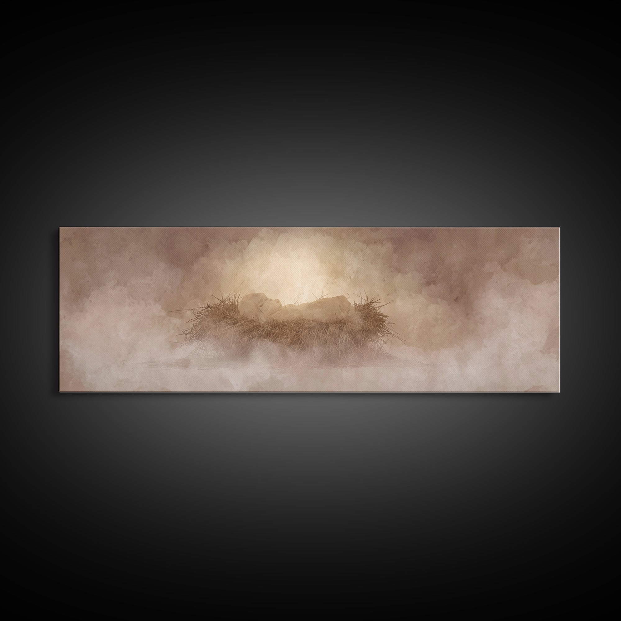 Celestial Manger Mist | Framed Canvas Print | Christian Art | Panoramic Wall Art | Christian Christmas Art | Jesus Art Print | Christmas Ca