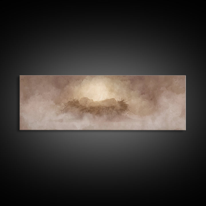 Celestial Manger Mist | Framed Canvas Print | Christian Art | Panoramic Wall Art | Christian Christmas Art | Jesus Art Print | Christmas Ca