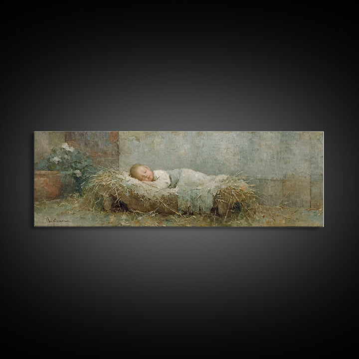 Quiet Stable Grace, Framed Canvas Print, Christian Art Canvas, Christian Wall Art, Panoramic Painting, Christian Christmas Art, Jesus Chris