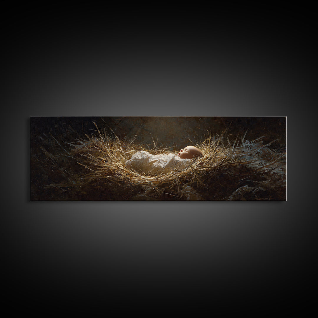 Divine Manger Glow – Framed Canvas Print – Christian Art Canvas – Panoramic Wall Art – Jesus Painting – Christian Christmas Art – Christian