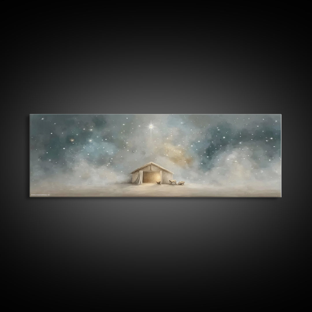 Silent Night Stable, Framed Canvas Print, Panoramic Painting, Christian Wall Art, Christmas Art, Christian Art Canvas, Christian Christmas