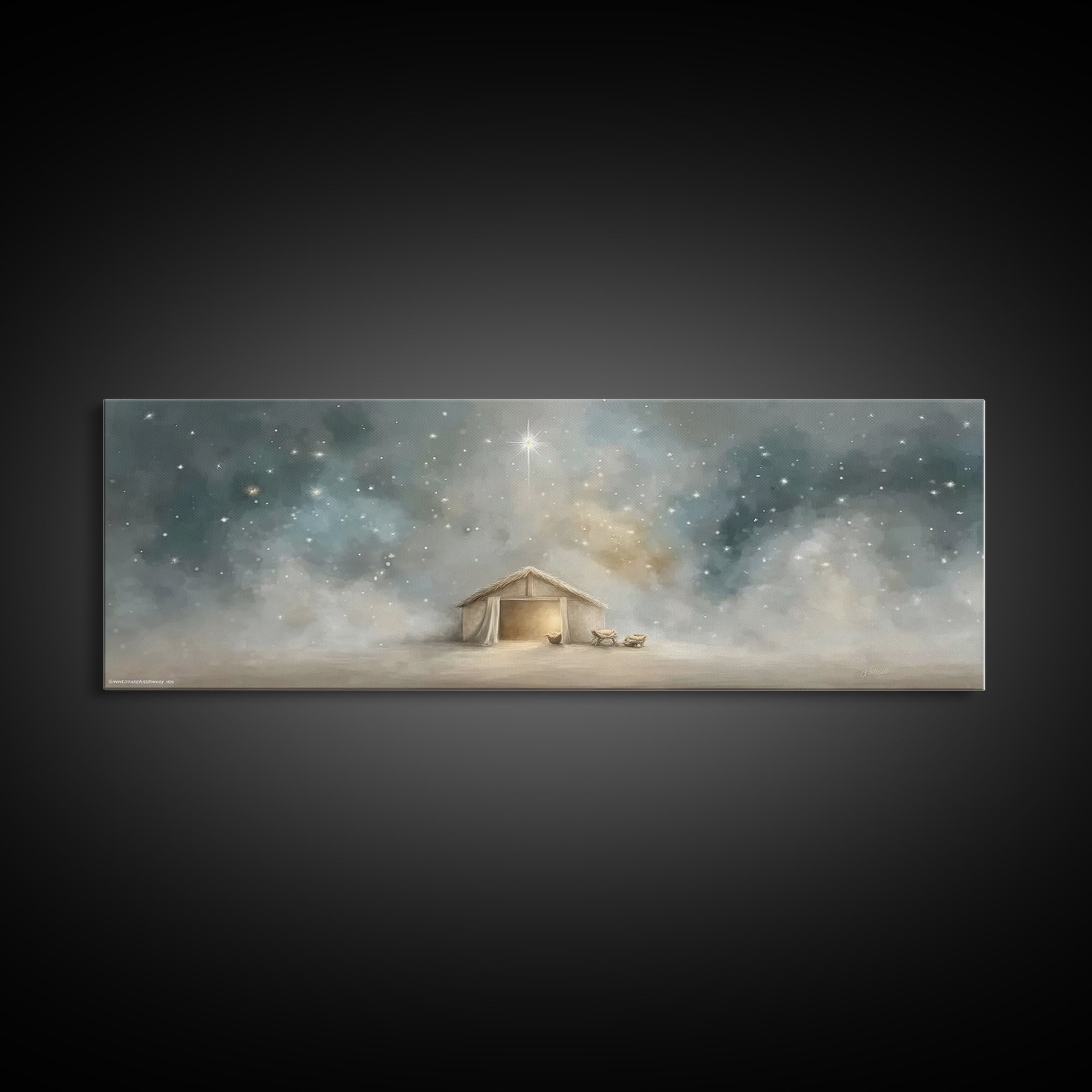 Silent Night Stable, Framed Canvas Print, Panoramic Painting, Christian Wall Art, Christmas Art, Christian Art Canvas, Christian Christmas
