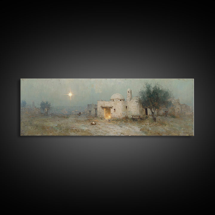 Bethlehem Evening Glow | Framed Canvas Print | Panoramic Painting | Christian Art Canvas | Christmas Wall Art | Christian Christmas Art | C