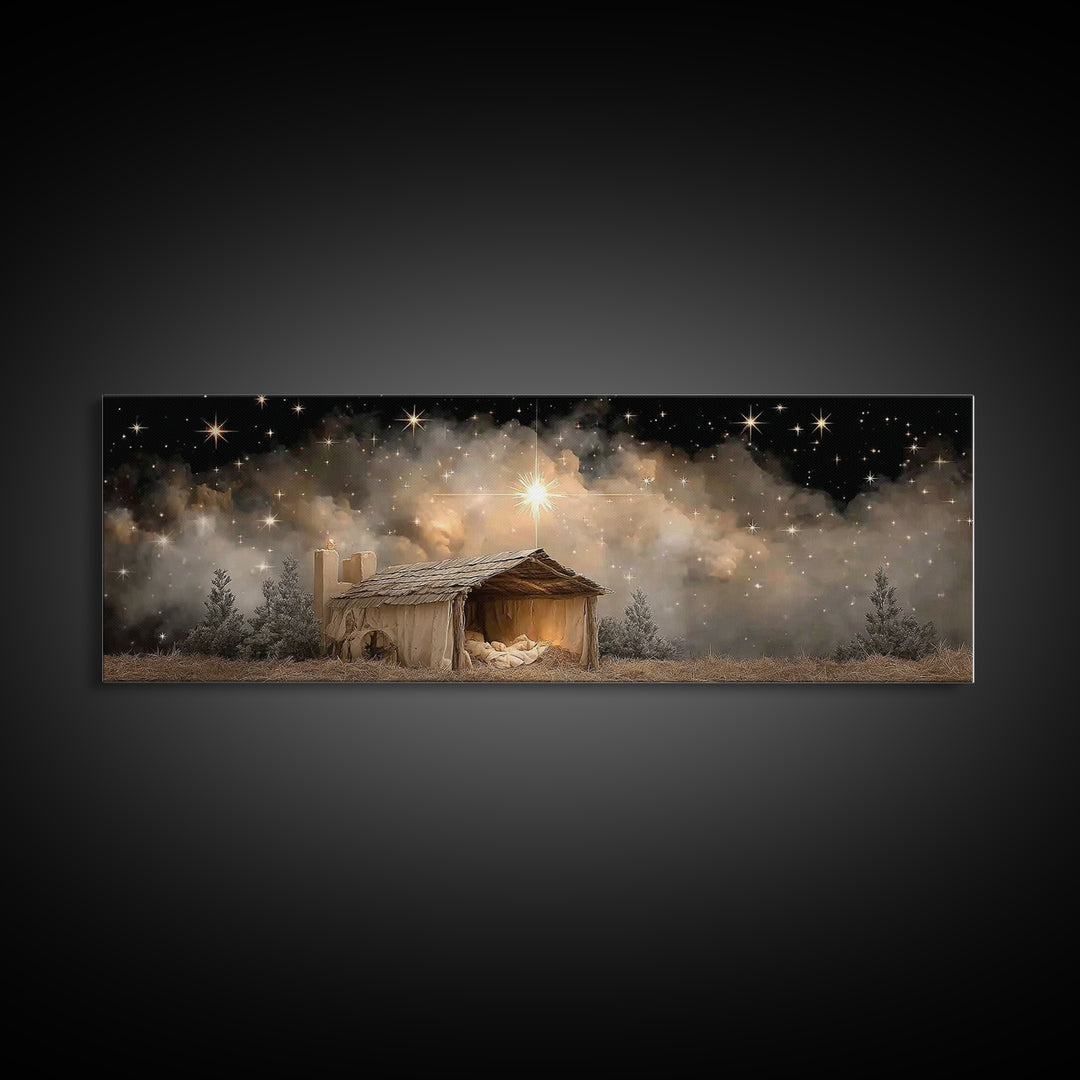 Starry Night Shelter – Framed Canvas Print – Panoramic Wall Art – Christmas Art – Christian Art Canvas – Christian Wall Art – Christian Chr