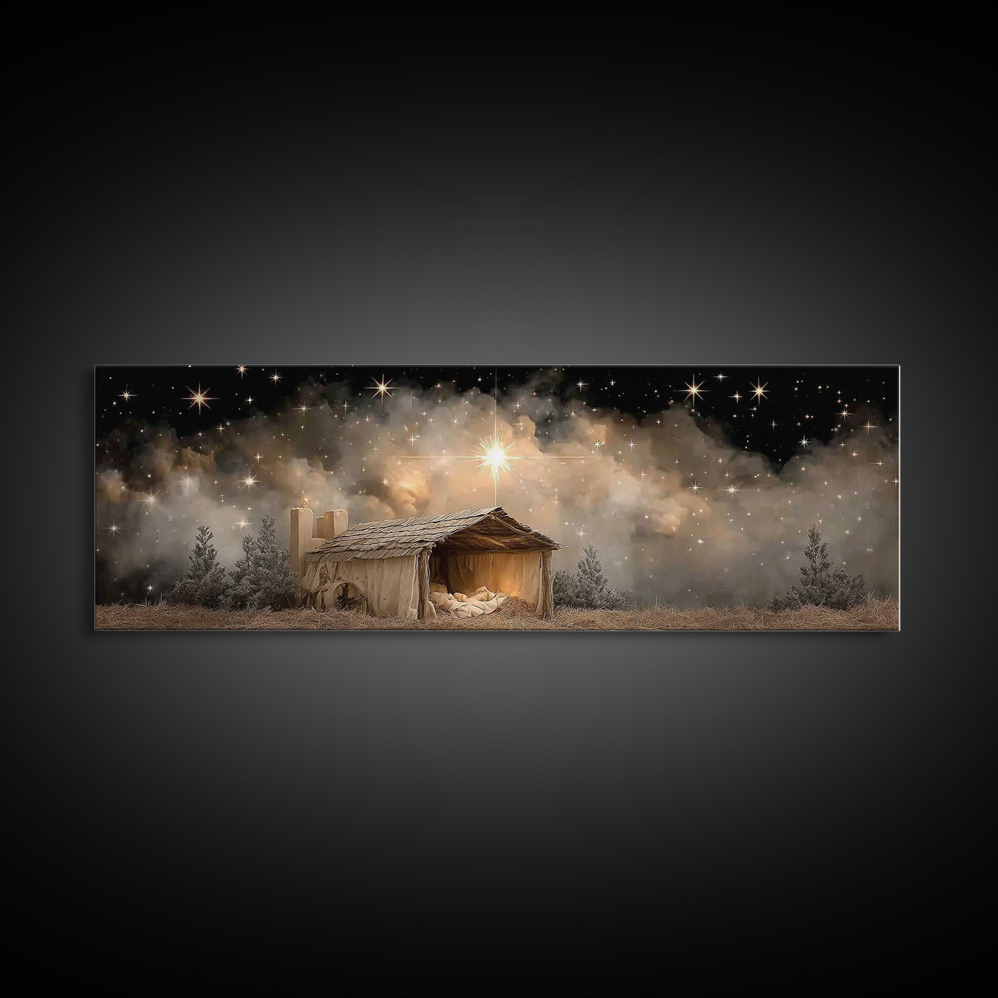 Starry Night Shelter – Framed Canvas Print – Panoramic Wall Art – Christmas Art – Christian Art Canvas – Christian Wall Art – Christian Chr