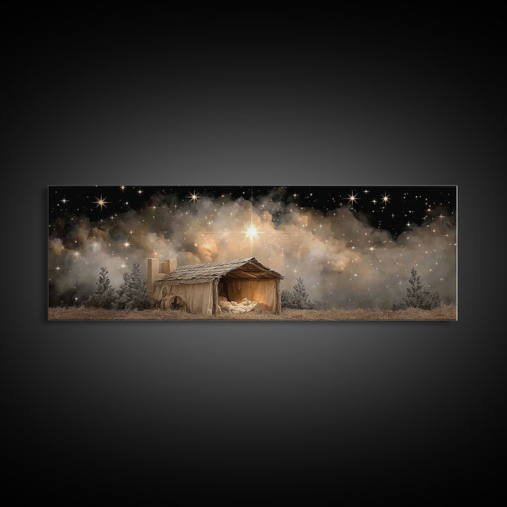 Starry Night Shelter – Framed Canvas Print – Panoramic Wall Art – Christmas Art – Christian Art Canvas – Christian Wall Art – Christian Chr