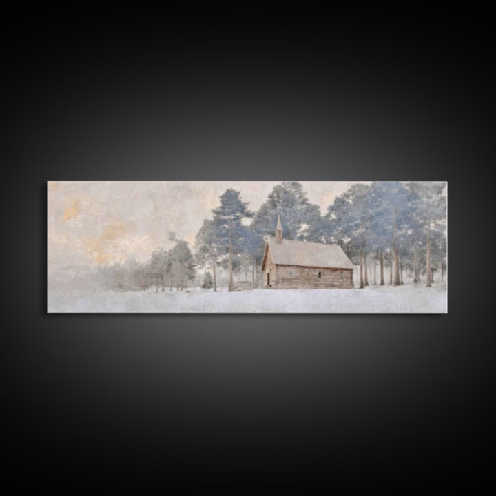 Winter Chapel Peace | Framed Canvas Print | Panoramic Art | Christian Wall Art | Christian Art Canvas | Christmas Art | Christian Christmas