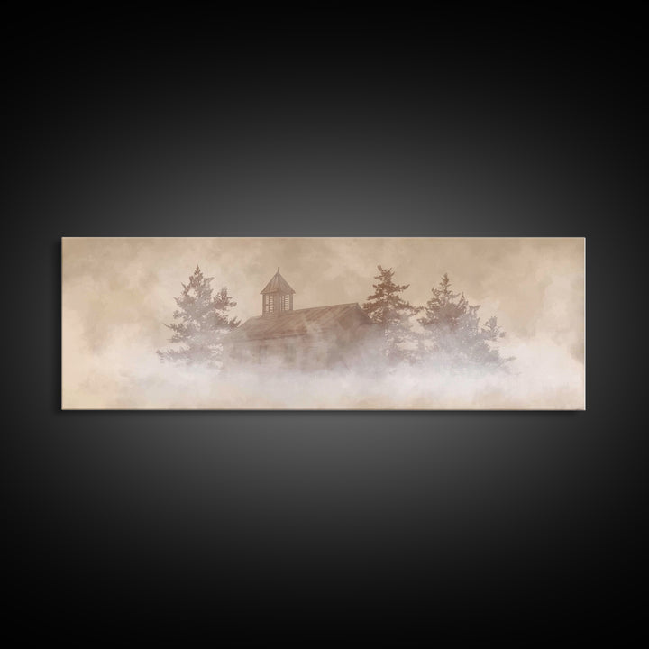 Foggy Chapel Stillness, Framed Canvas Print, Panoramic Frame, Christian Art Canvas, Christmas Art, Christian Wall Art, Christian Christmas