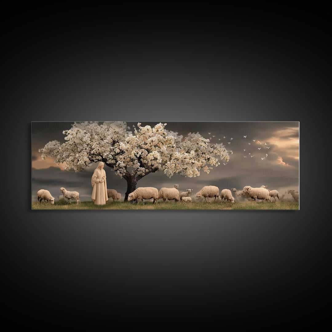 Gentle Orchard Calm, Framed Canvas Print, Christian Wall Art, Panoramic Painting, Jesus Art Print, Christian Christmas Art, Christian Canva