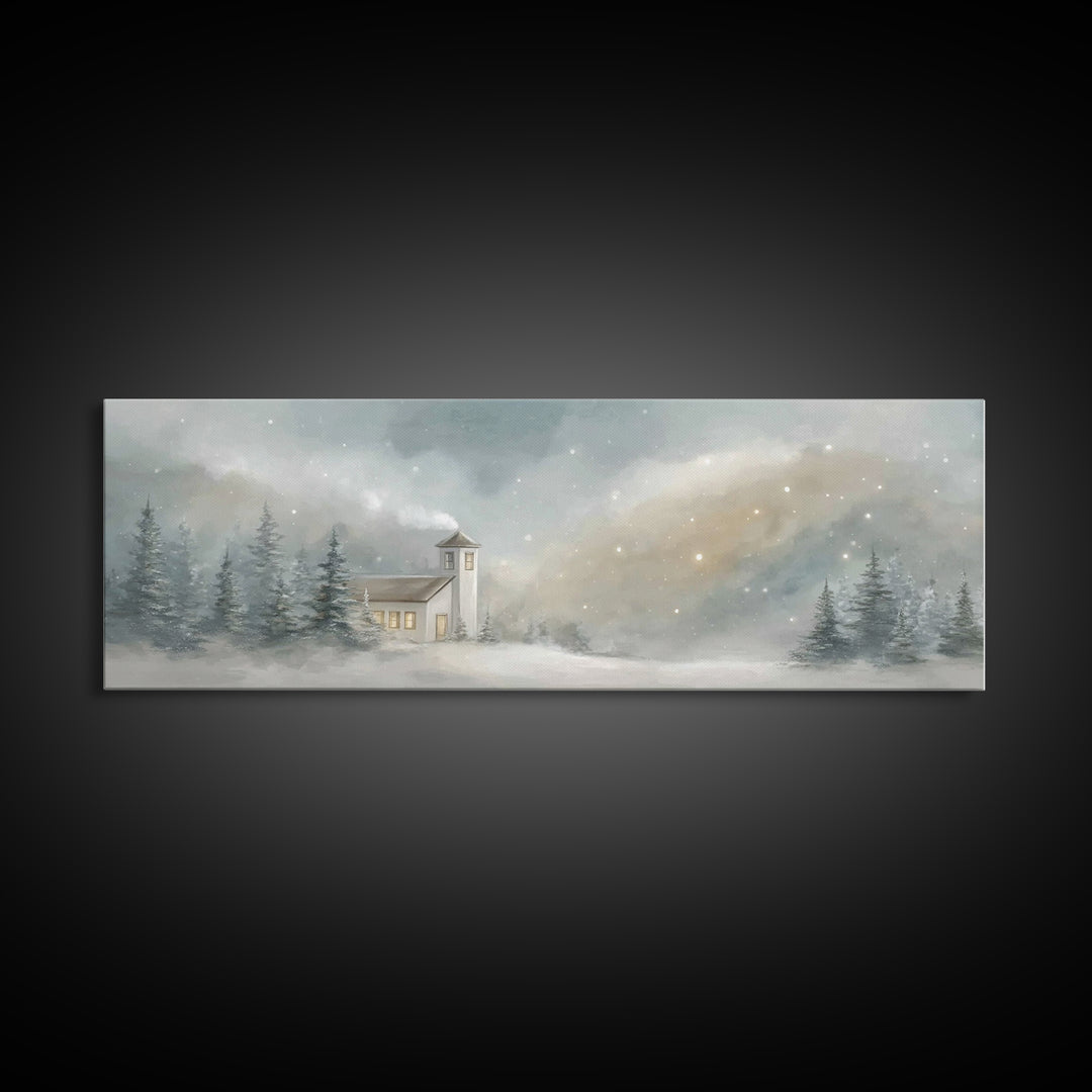 Snowy Chapel Light – Framed Canvas Print – Panoramic Painting – Christian Wall Art – Christmas Art – Christian Art Canvas – Christian Chris