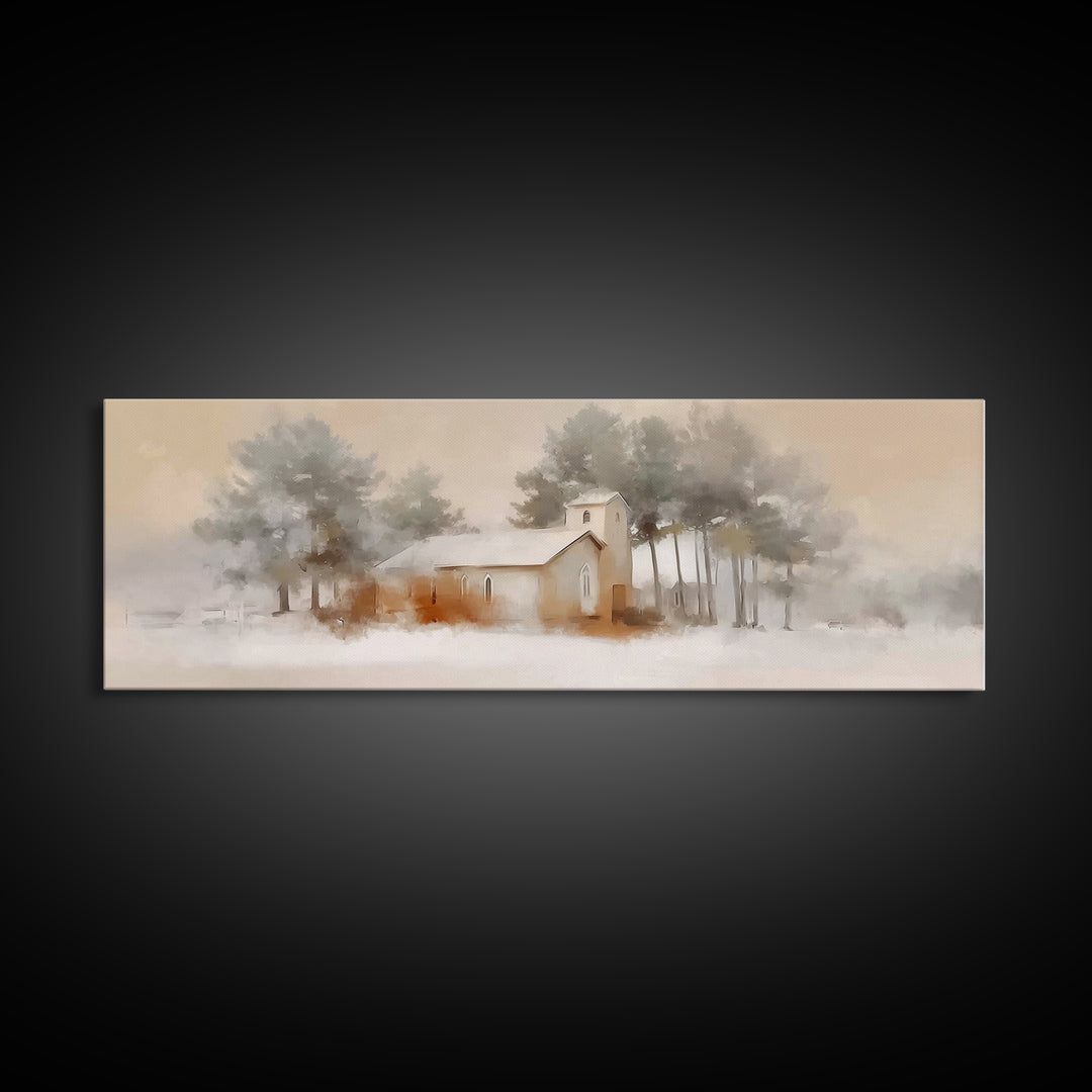 Silent Chapel Glow, Framed Canvas Print, Christian Wall Art, Christmas Canvas Wall Art, Christian Christmas Art, Panoramic Print, Christian
