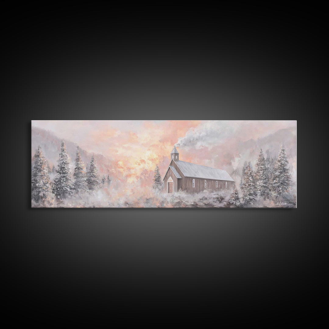 Snowlit Church Dawn | Framed Canvas Print | Christian Wall Art | Christmas Art Work | Christian Christmas Decor | Panoramic Painting | Chri