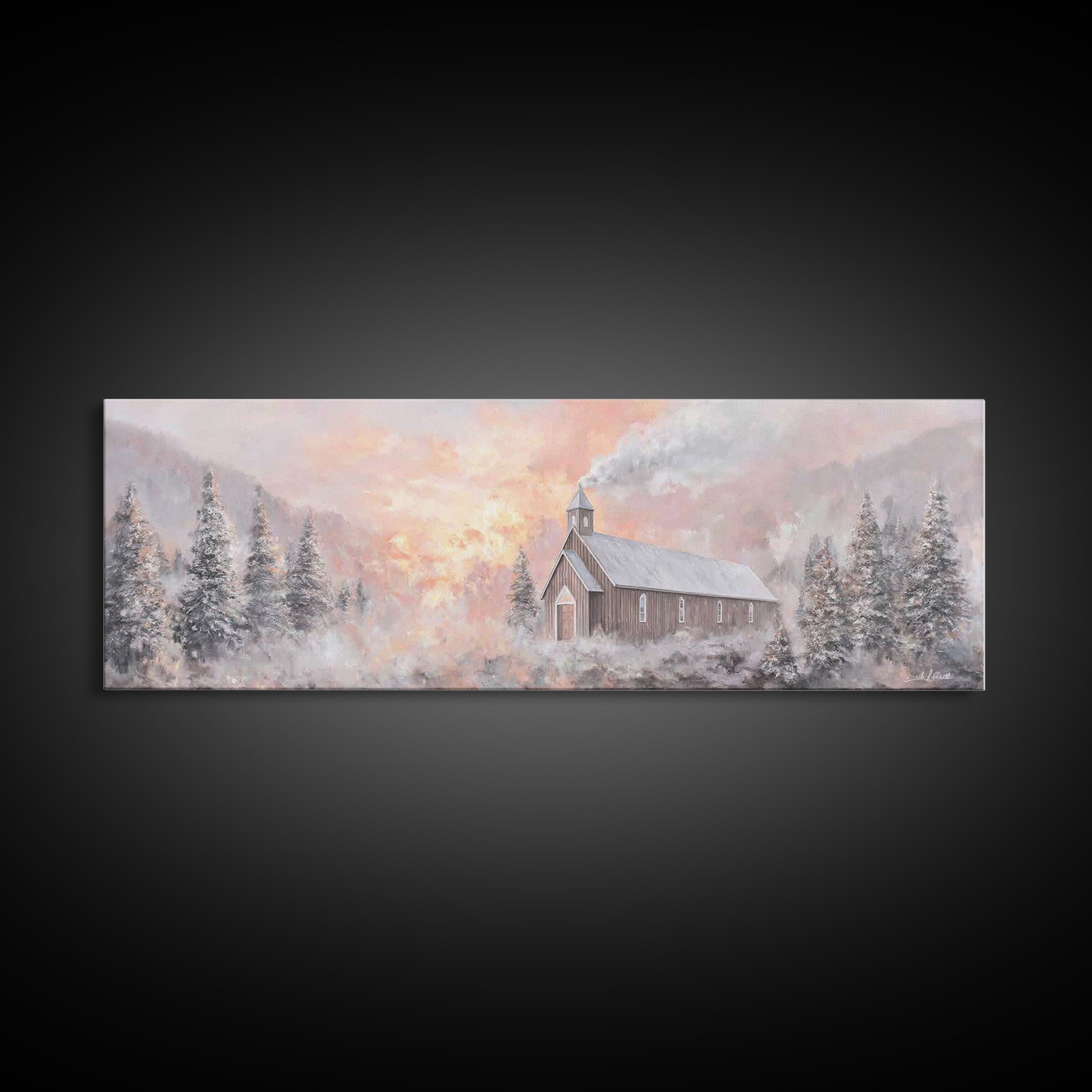 Snowlit Church Dawn | Framed Canvas Print | Christian Wall Art | Christmas Art Work | Christian Christmas Decor | Panoramic Painting | Chri