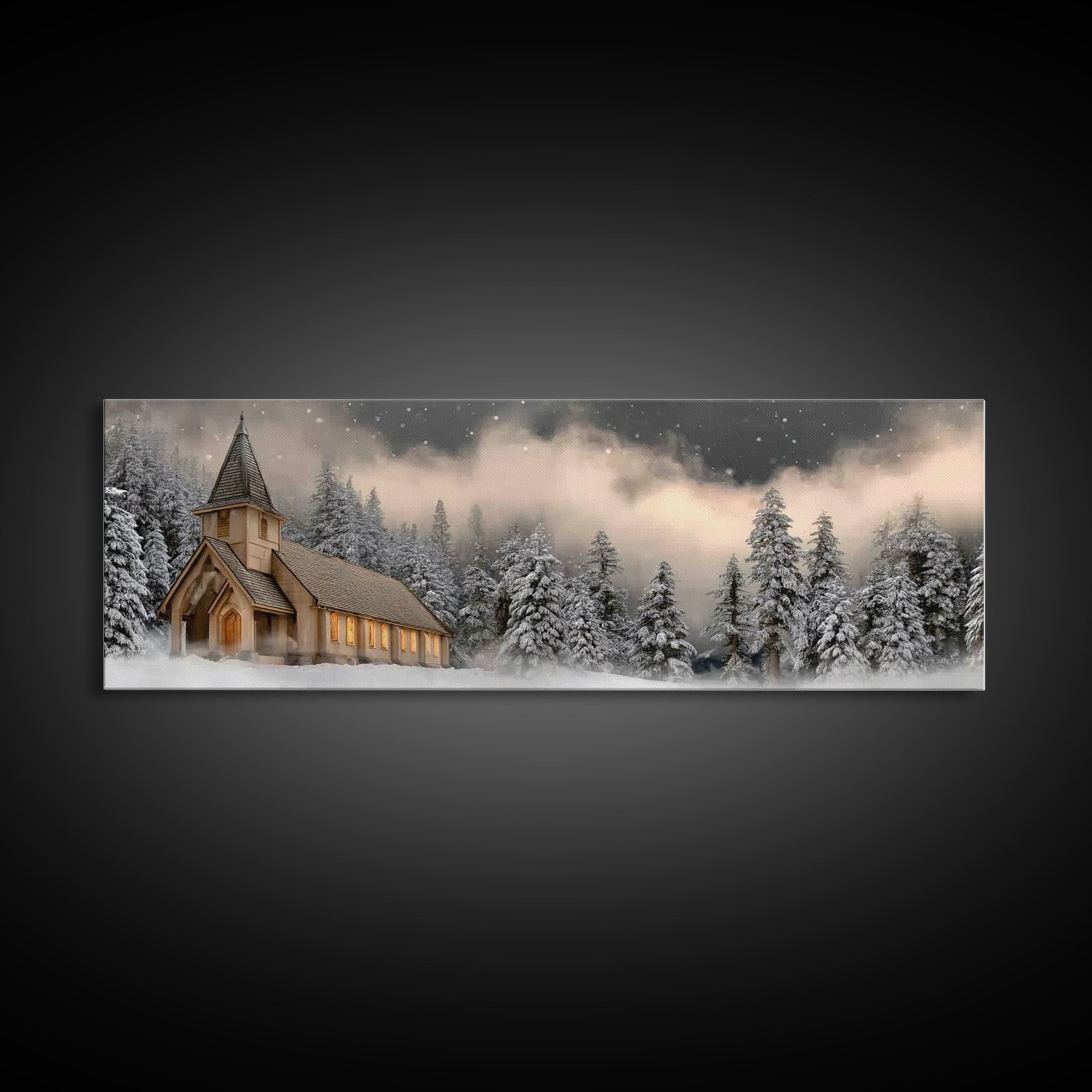 Midnight Chapel Light – Framed Canvas Print – Christian Wall Art – Framed Christmas Art – Christian Christmas Decorations – Panoramic Art –