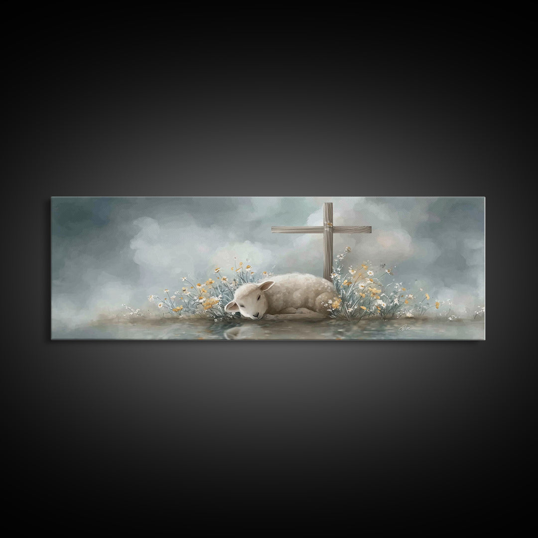 Gentle Lamb Peace, Framed Canvas Print, Christian Art Canvas, Panoramic Wall Art, Christian Painting, Christmas Art, Christian Gift Ideas