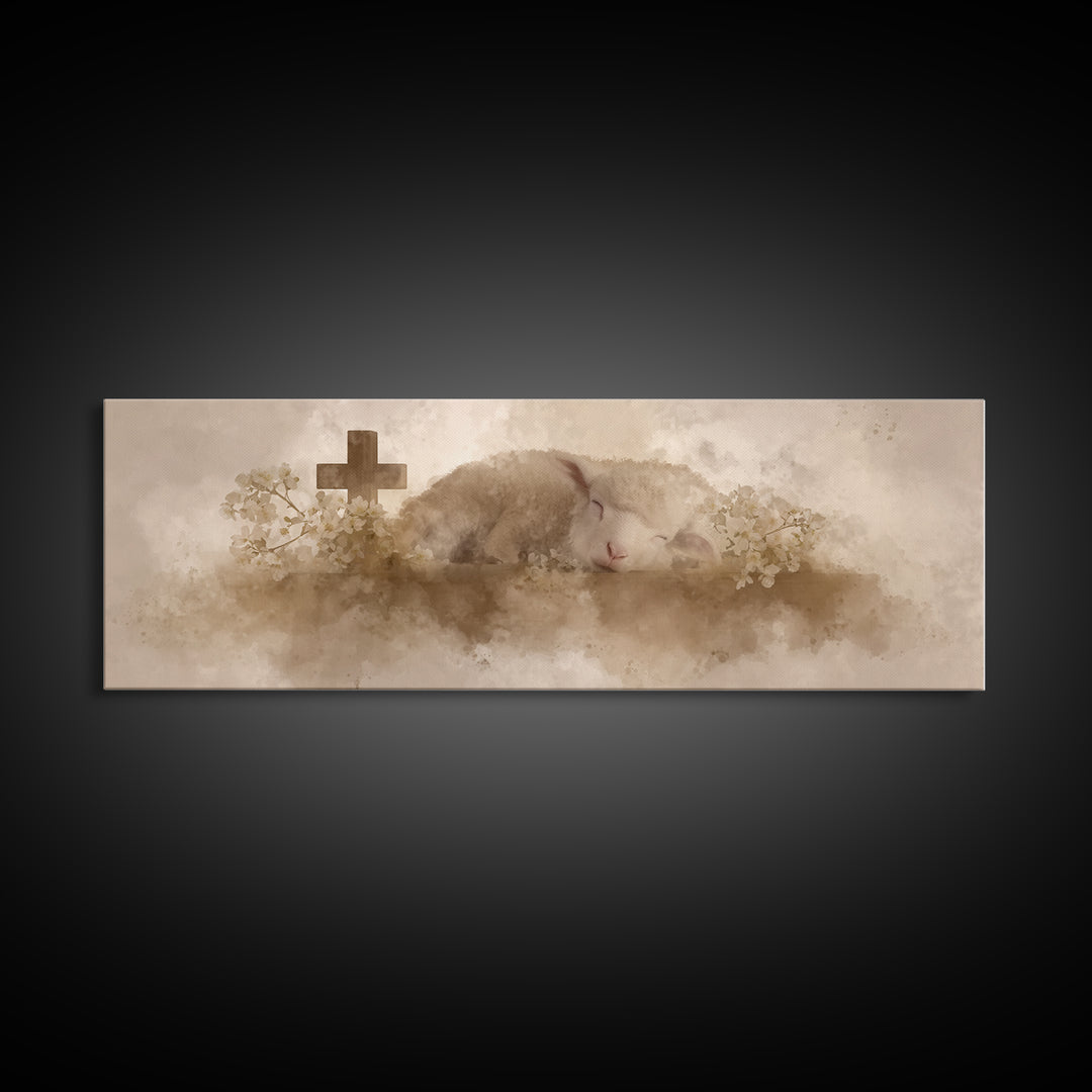 Lamb Of Comfort | Framed Canvas Print | Christian Art Canvas | Extra Wide Art | Christian Paintings | Christmas Canvas Wall Art | Christian