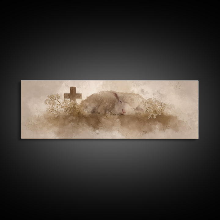 Lamb Of Comfort | Framed Canvas Print | Christian Art Canvas | Extra Wide Art | Christian Paintings | Christmas Canvas Wall Art | Christian