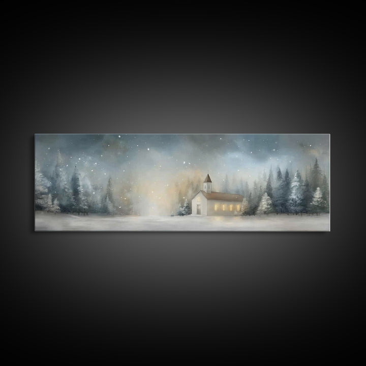 Winter Chapel Peace – Framed Canvas Print – Christian Wall Art – Panoramic Print – Christmas Art – Modern Christian Art – Christian Gift Id