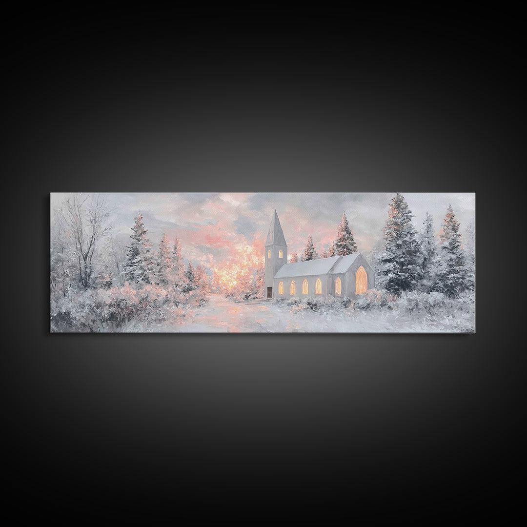 Radiant Winter Church, Framed Canvas Print, Christmas Wall Art, Christian Art Canvas, Moody Christmas Art, Panoramic Wall Art, Christian De