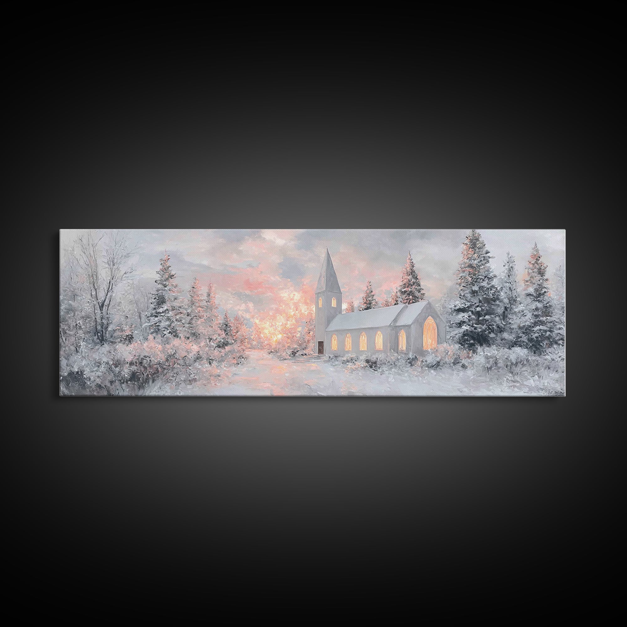Radiant Winter Church, Framed Canvas Print, Christmas Wall Art, Christian Art Canvas, Moody Christmas Art, Panoramic Wall Art, Christian De