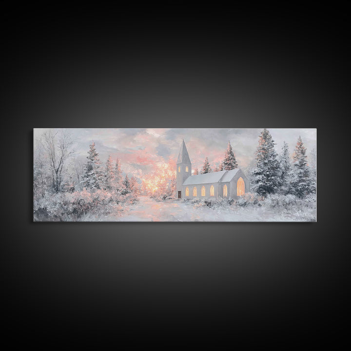 Radiant Winter Church, Framed Canvas Print, Christmas Wall Art, Christian Art Canvas, Moody Christmas Art, Panoramic Wall Art, Christian De