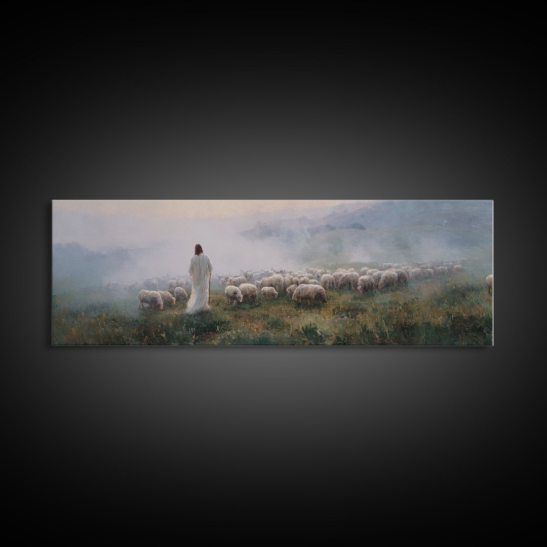Morning Shepherd Peace, Framed Canvas Print, Jesus Painting, Christian Art Canvas, Pastoral Christian Art, Panoramic Art, Christian Gift Id