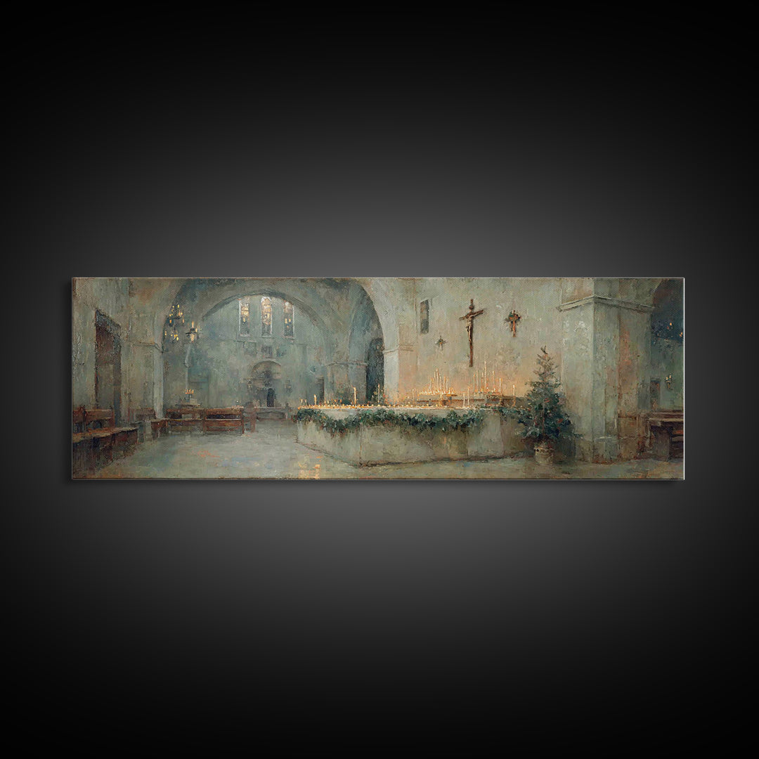 Glowing Chapel Stillness, Framed Canvas Print, Christmas Art Prints, Christian Wall Art, Panoramic Art, Christian Art Canvas, Christian Chr