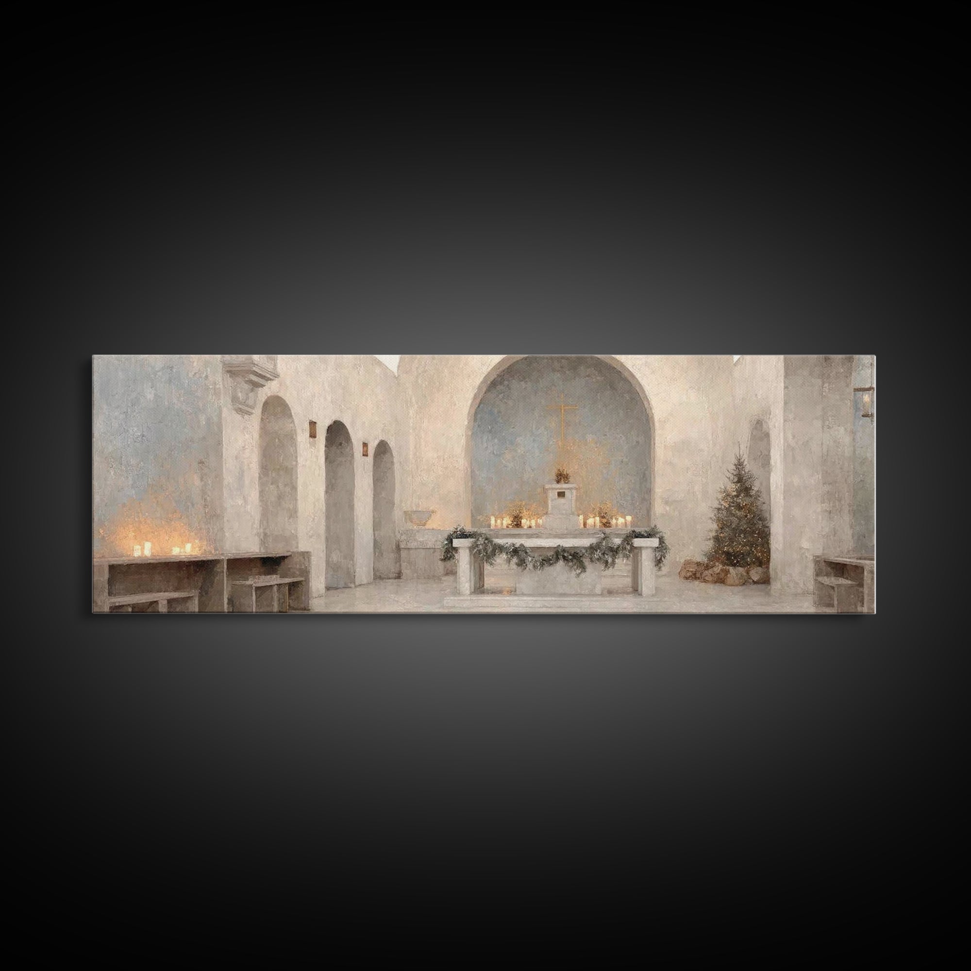Cathedral Evening Grace – Framed Canvas Print – Christian Christmas Art – Christian Art – Christmas Canvas Wall Art – Panoramic Wall Art –
