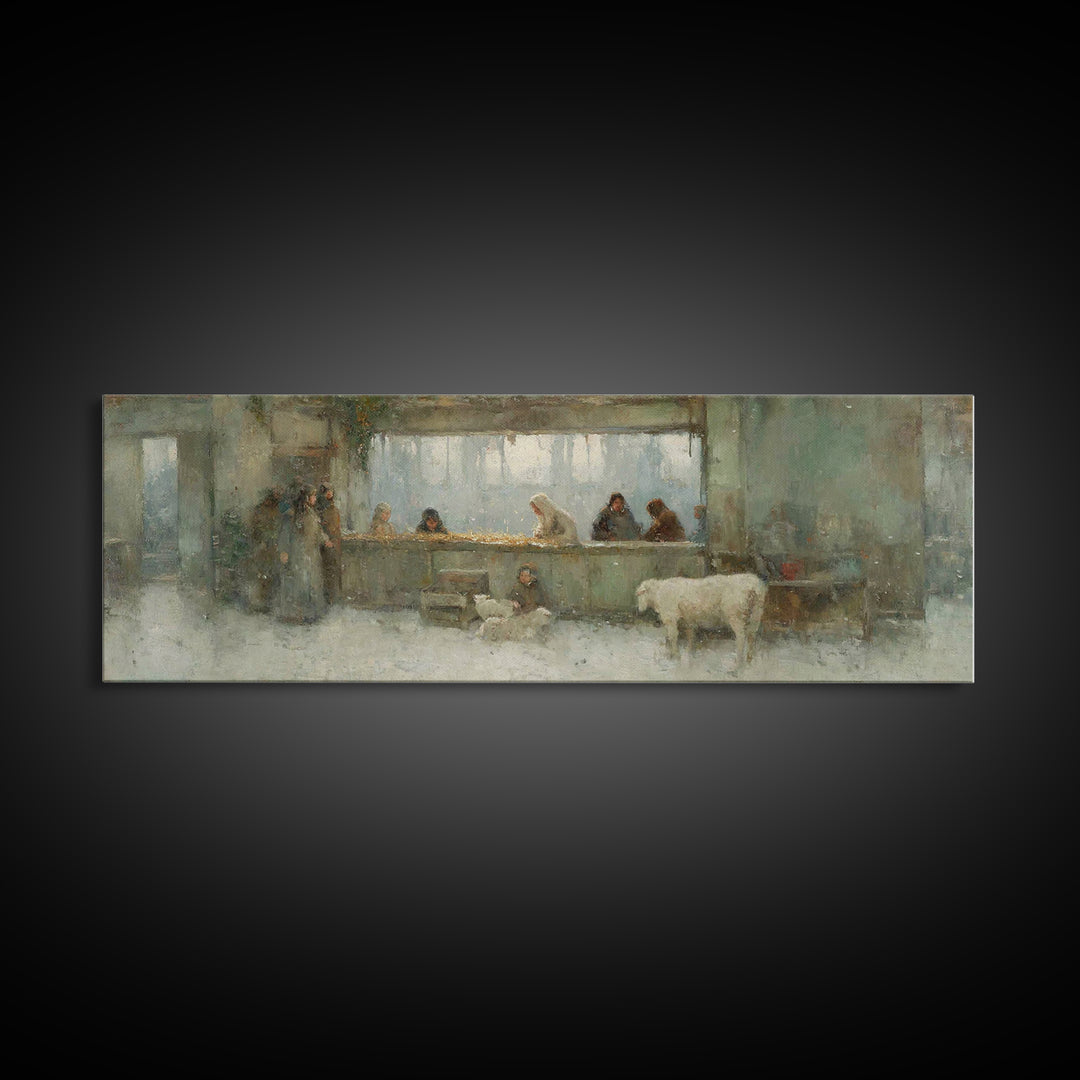Silent Stable Light – Framed Canvas Print – Panoramic Art – Christian Wall Art – Christian Art Canvas – Christmas Art – Jesus Painting – Ch