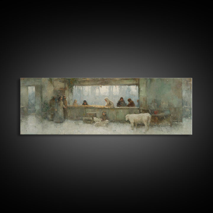 Silent Stable Light – Framed Canvas Print – Panoramic Art – Christian Wall Art – Christian Art Canvas – Christmas Art – Jesus Painting – Ch