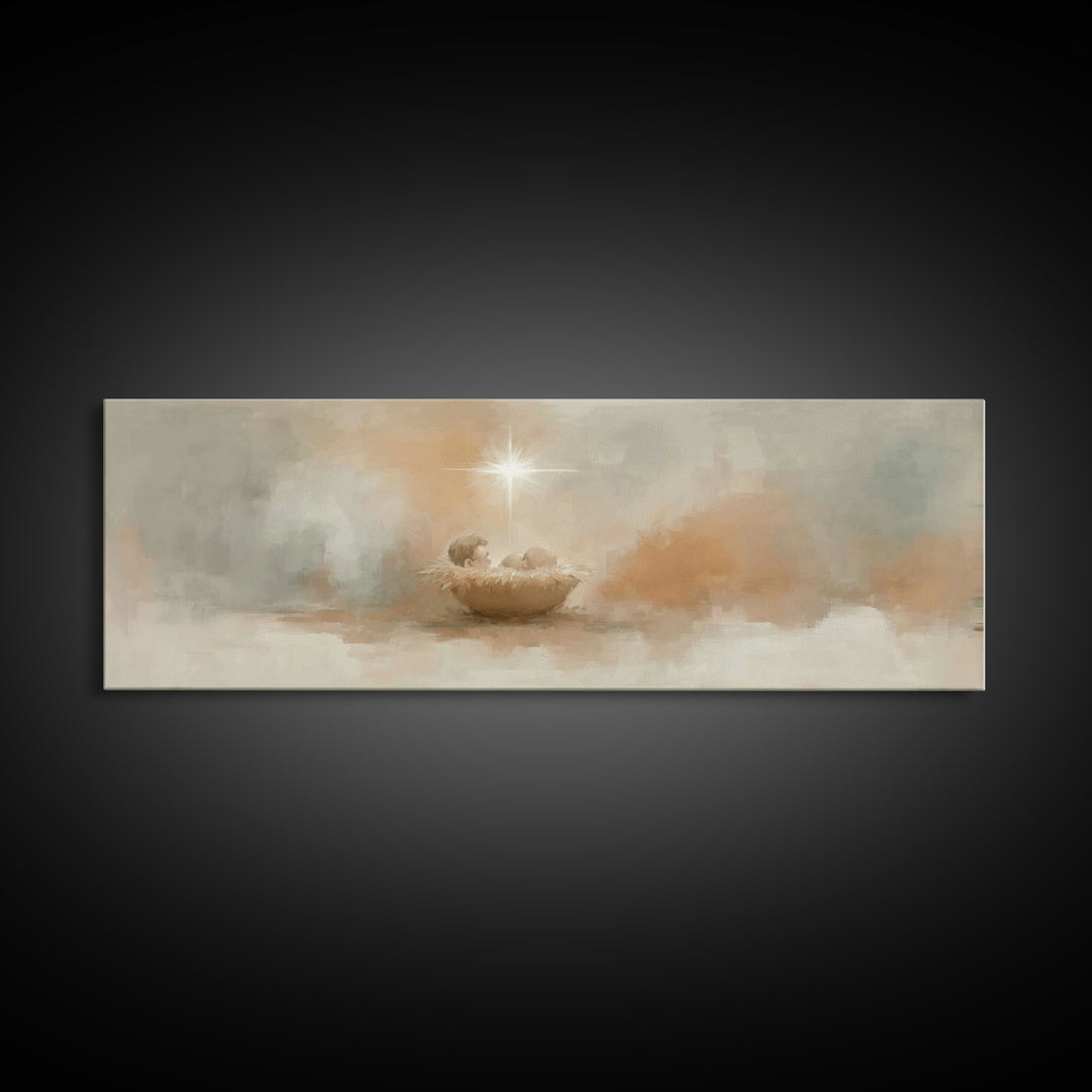 Little Holy Cradle, Framed Canvas Print, Panoramic Painting, Christian Art Canvas, Christian Wall Art, Christmas Art, Christian Christmas A