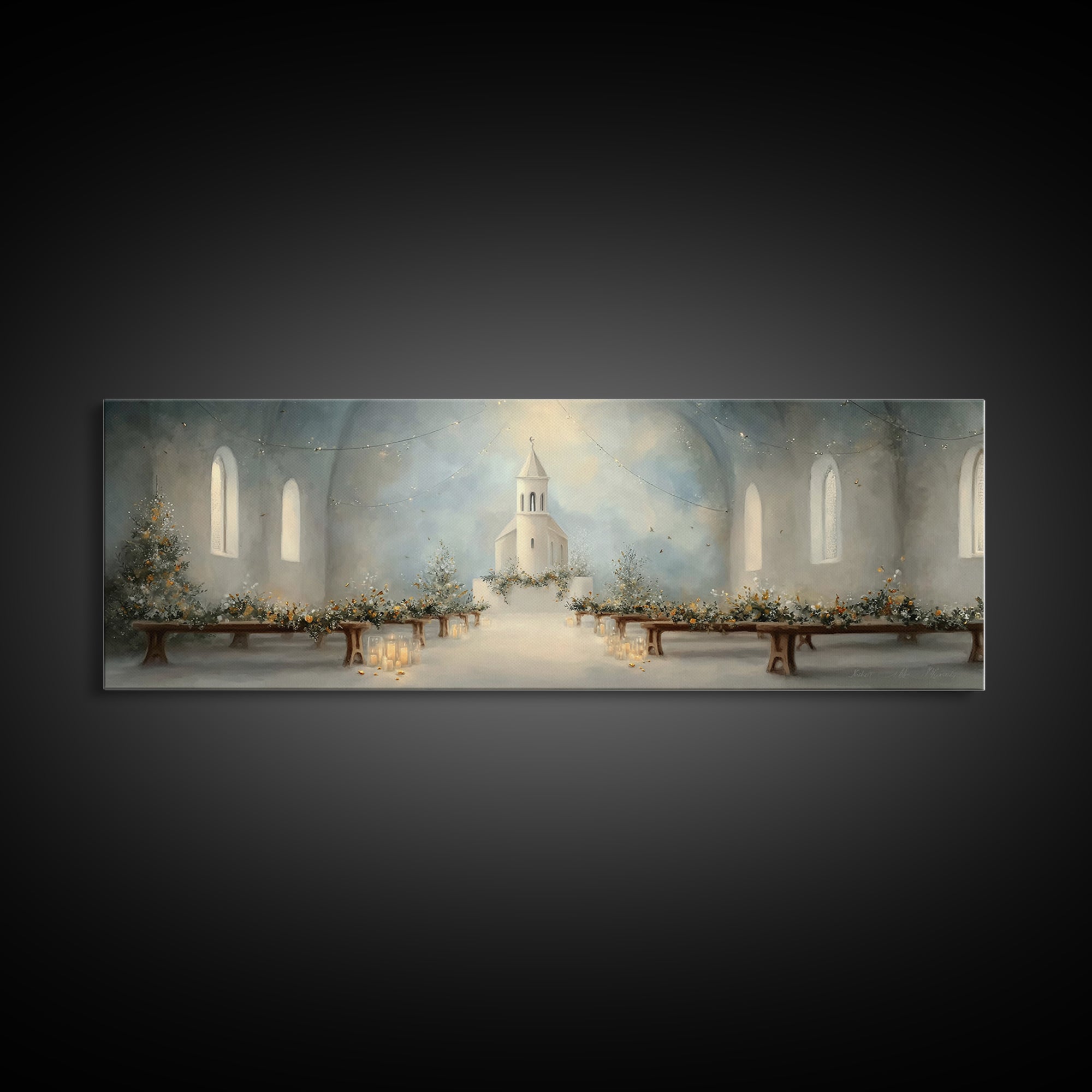 Quiet Church Reverence | Framed Canvas Print | Christian Art | Christmas Wall Art | Panoramic Painting | Christian Art Work | Christian Chr