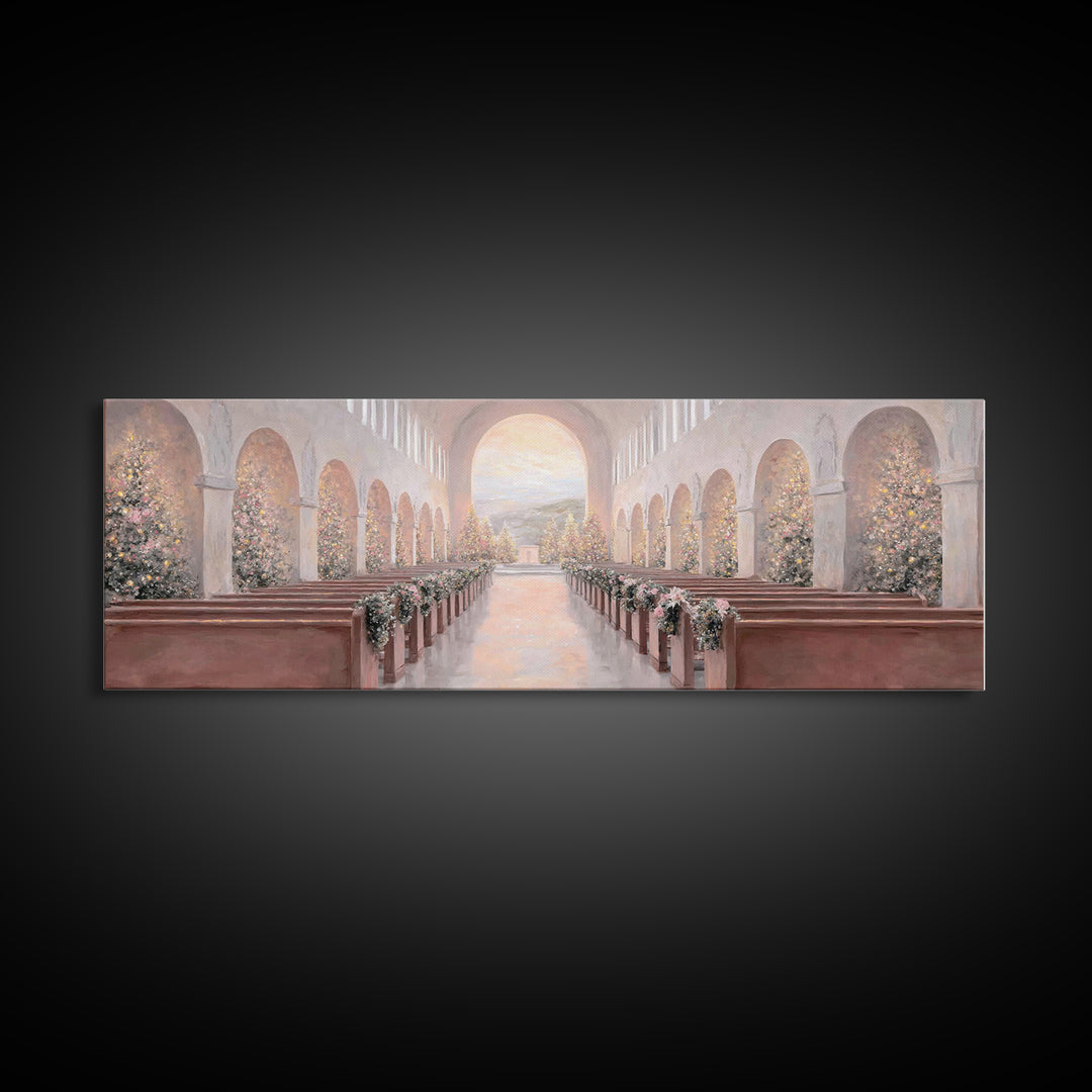 Winter Chapel Radiance, Framed Canvas Print, Christian Wall Art, Christian Art Canvas, Panoramic Art, Christmas Art, Christian Christmas De