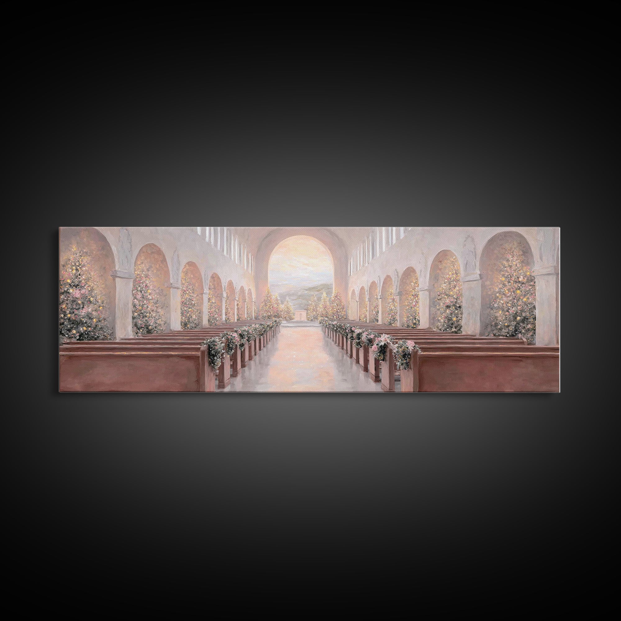 Winter Chapel Radiance, Framed Canvas Print, Christian Wall Art, Christian Art Canvas, Panoramic Art, Christmas Art, Christian Christmas De