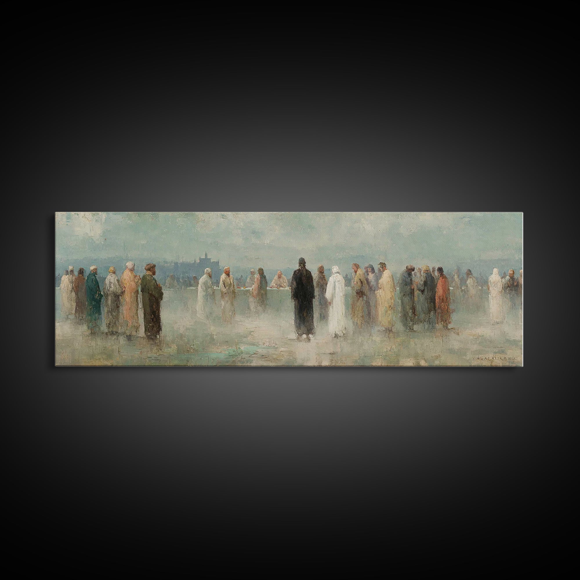 Gathered In Faith – Framed Canvas Print – Christian Art Print – Panoramic Painting – Christian Wall Art – Christmas Art Prints – Jesus Pain