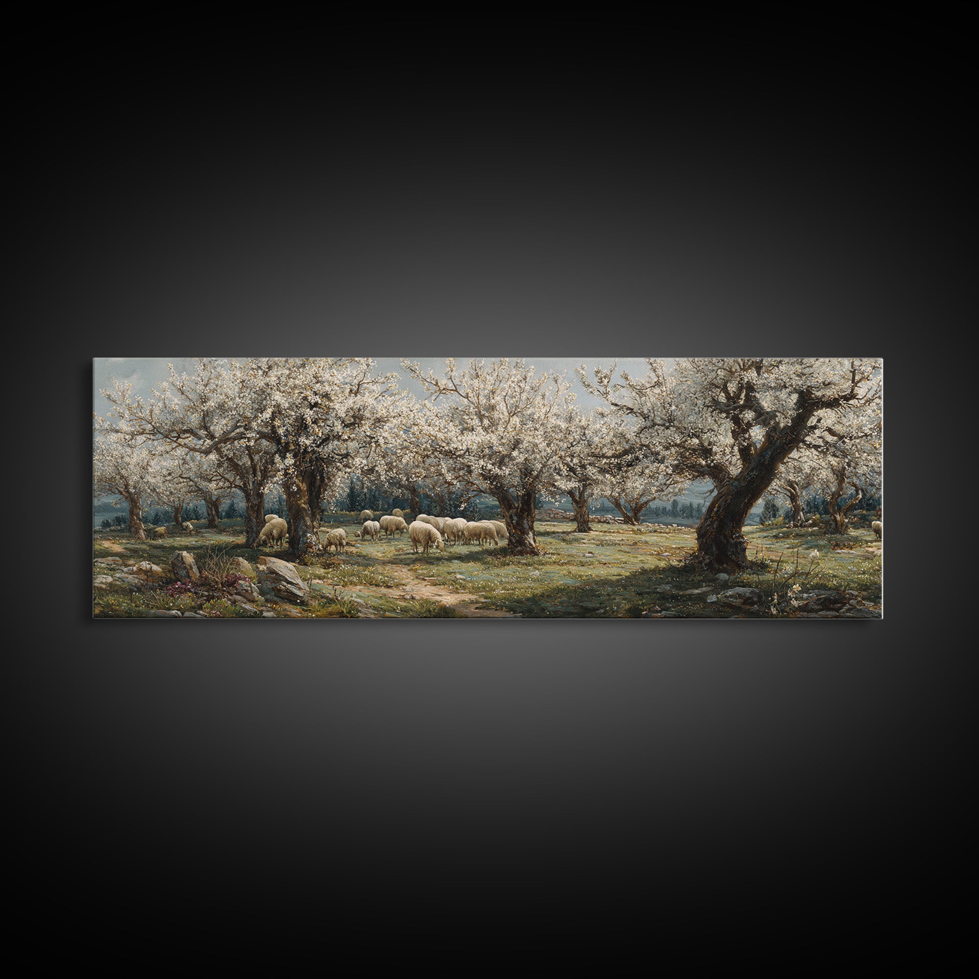 Redeemer Among Blossoms – Framed Canvas Print – Christian Art Canvas – Panoramic Frame – Jesus Painting – Christmas Wall Art – Christian Ar