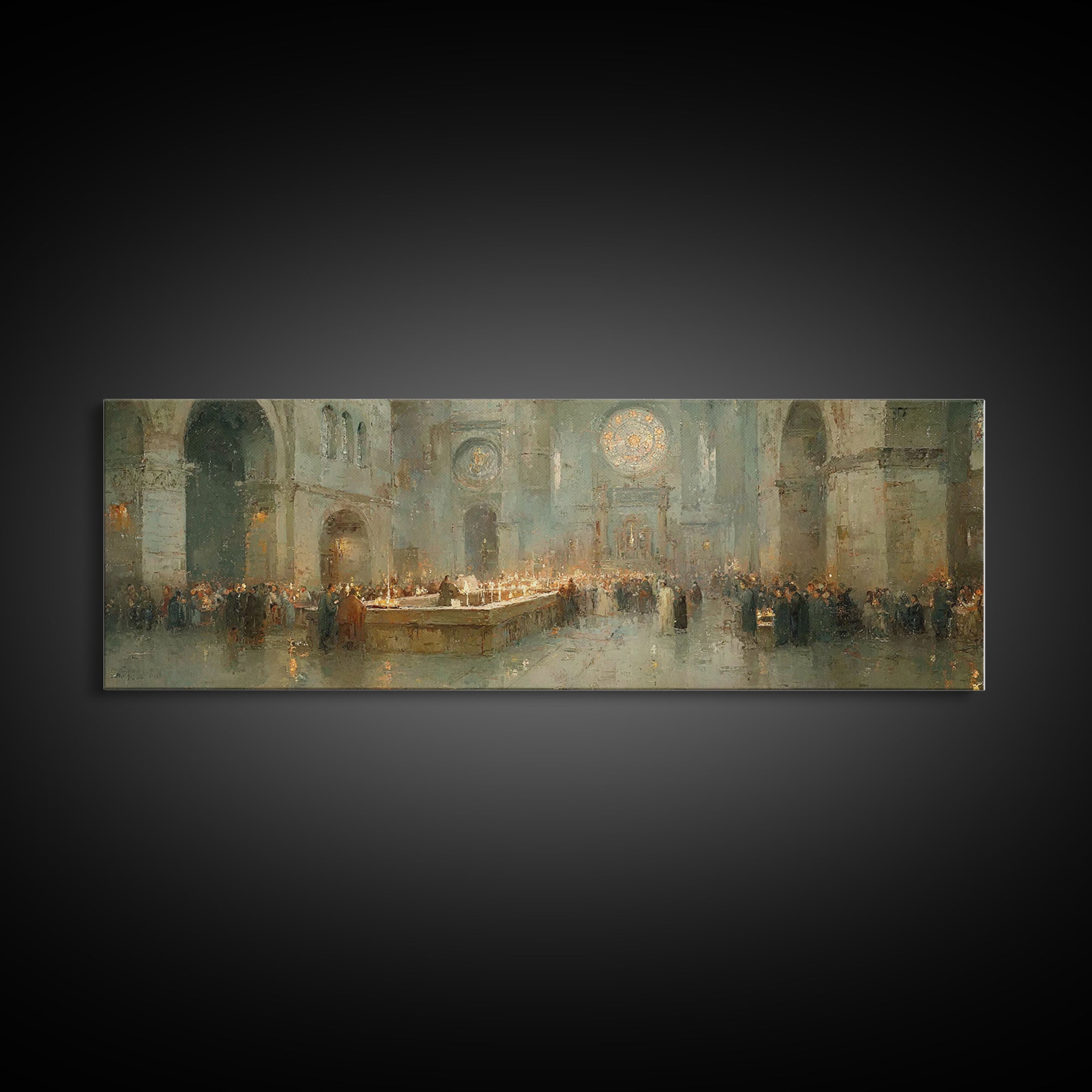 Gathered In Worship – Framed Canvas Print – Christian Wall Art – Panoramic Frame – Christmas Art – Christian Art Canvas – Christian Christm