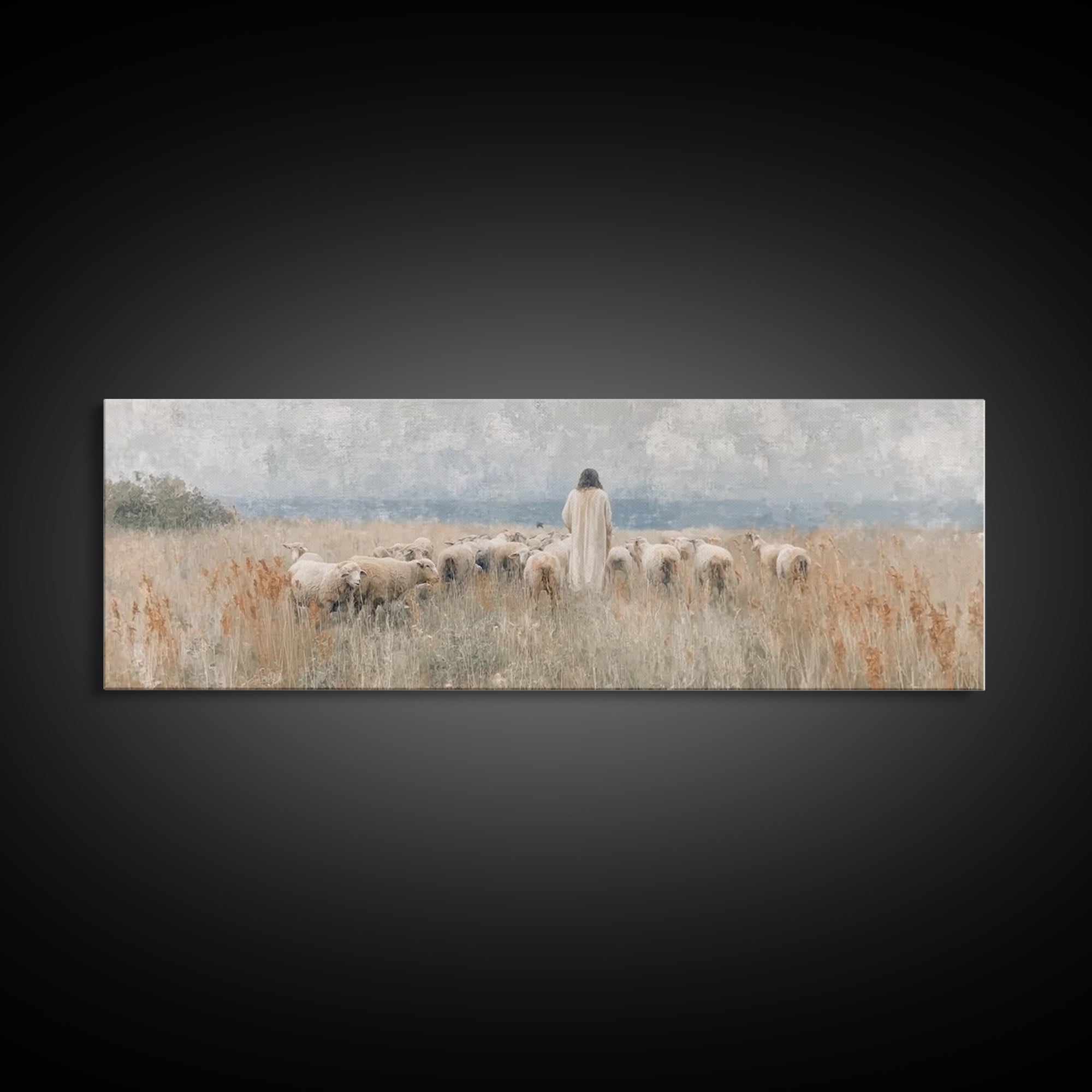 Pastoral Grace – Framed Canvas Print – Christian Wall Art – Jesus Painting – Panoramic Art – Christian Art Canvas – Christmas Art