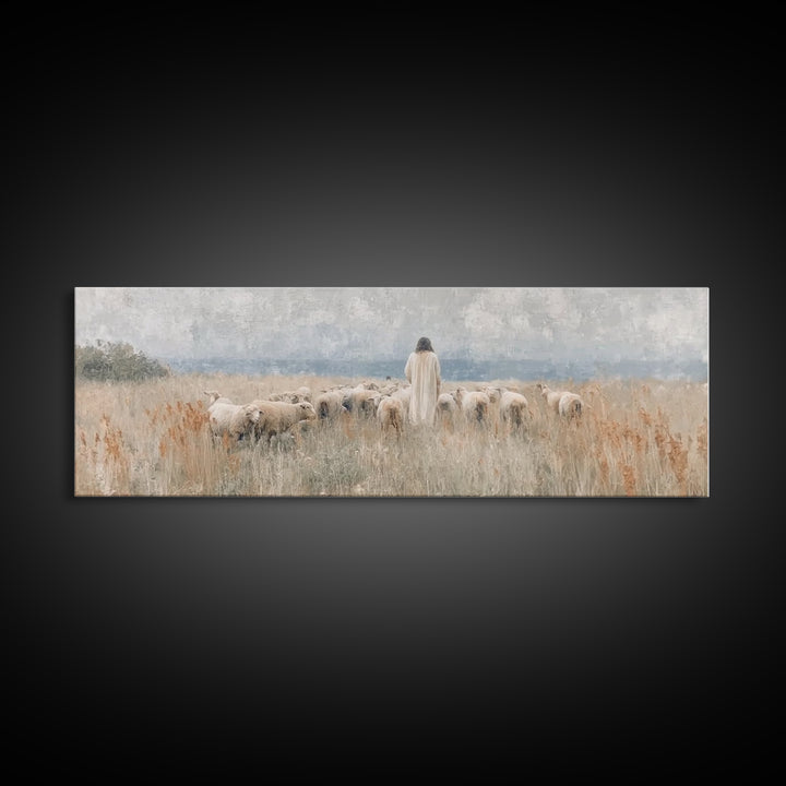 Pastoral Grace – Framed Canvas Print – Christian Wall Art – Jesus Painting – Panoramic Art – Christian Art Canvas – Christmas Art
