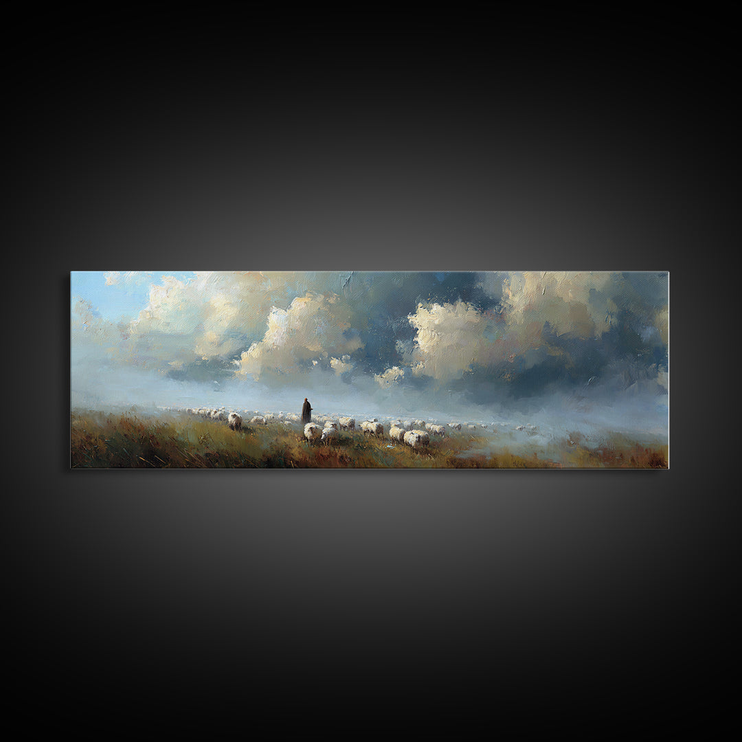 Morning Shepherd Light, Framed Canvas Print, Christian Wall Art, Panoramic Art, Jesus Painting, Modern Christian Art, Christmas Wall Art