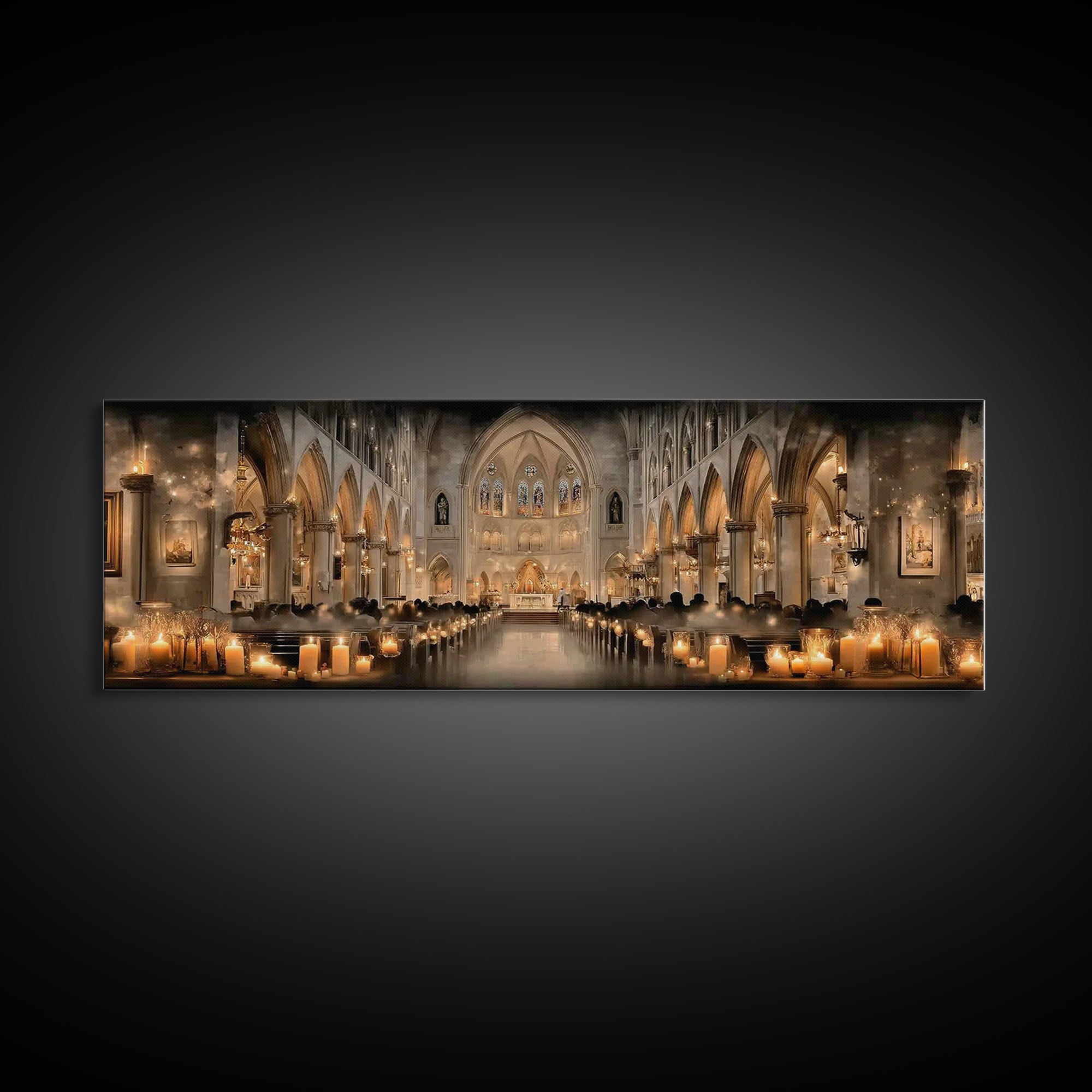 Cathedral Candle Vigil – Framed Canvas Print – Christian Wall Art – Panoramic Painting – Christian Christmas Art – Christian Art Canvas – C