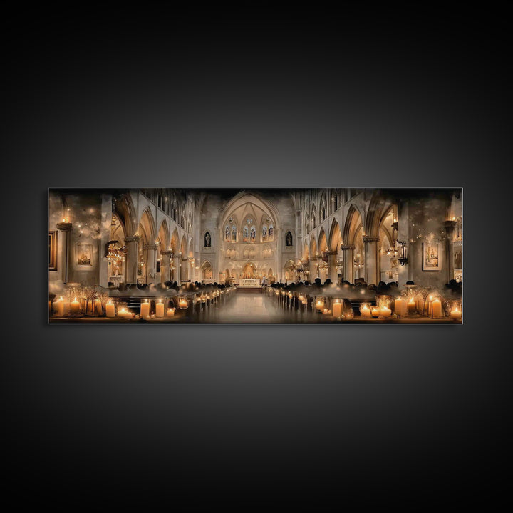 Cathedral Candle Vigil – Framed Canvas Print – Christian Wall Art – Panoramic Painting – Christian Christmas Art – Christian Art Canvas – C