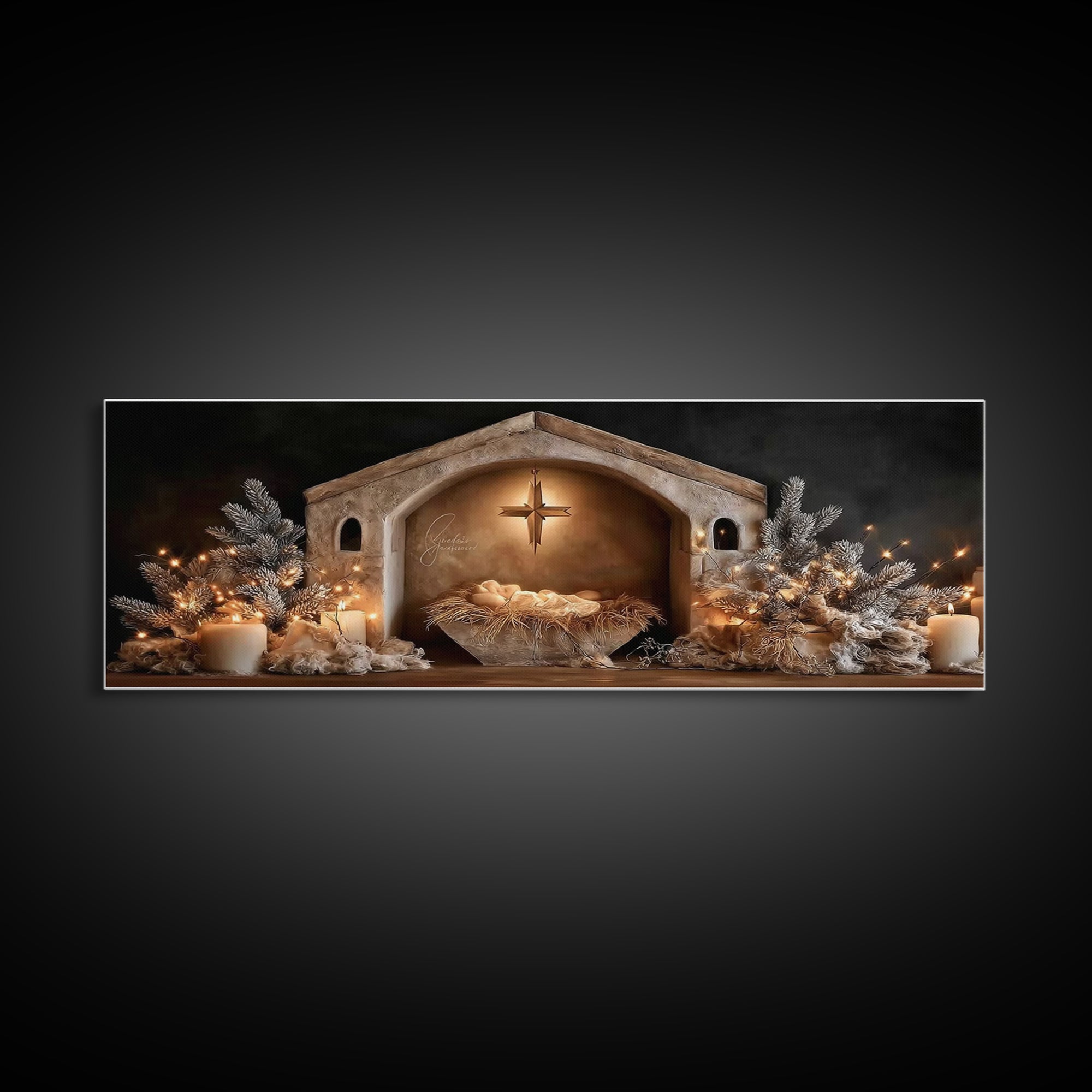 Holy Night Glow – Framed Canvas Print – Christian Wall Art – Panoramic Art – Christian Christmas Art – Christian Art Canvas – Christmas Art