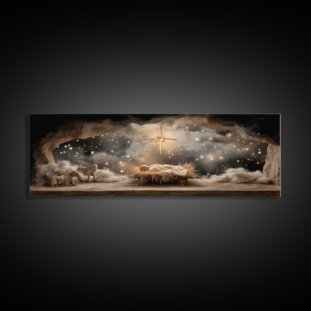 Star Of Bethlehem | Framed Canvas Print | Christmas Art | Panoramic Wall Art | Jesus Christmas Art | Christian Wall Art | Christian Art Can