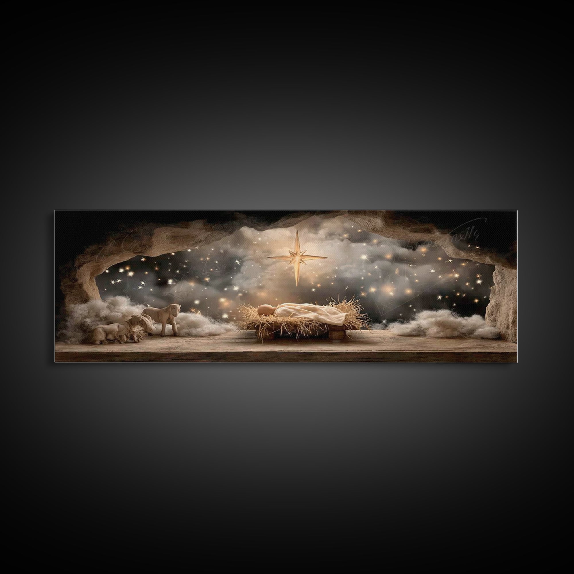 Star Of Bethlehem | Framed Canvas Print | Christmas Art | Panoramic Wall Art | Jesus Christmas Art | Christian Wall Art | Christian Art Can