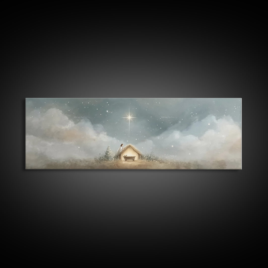 Manger Serenity, Framed Canvas Print, Christmas Art, Panoramic Wall Art, Christian Art Canvas, Christian Christmas Decor, Christian Paintin