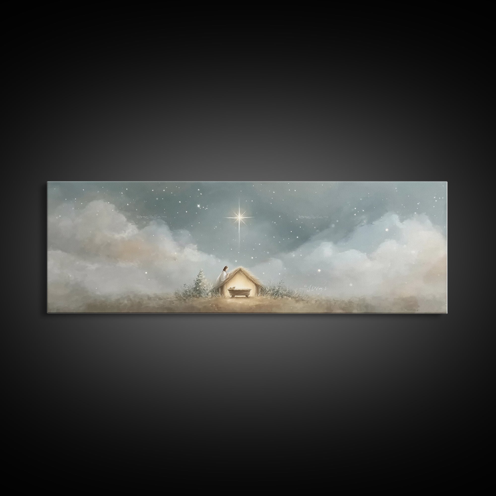 Manger Serenity, Framed Canvas Print, Christmas Art, Panoramic Wall Art, Christian Art Canvas, Christian Christmas Decor, Christian Paintin